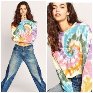 Free People Daydreamer Rainbow Tie Dye Cotton Cropped Long Sleeve Tee Top Sm